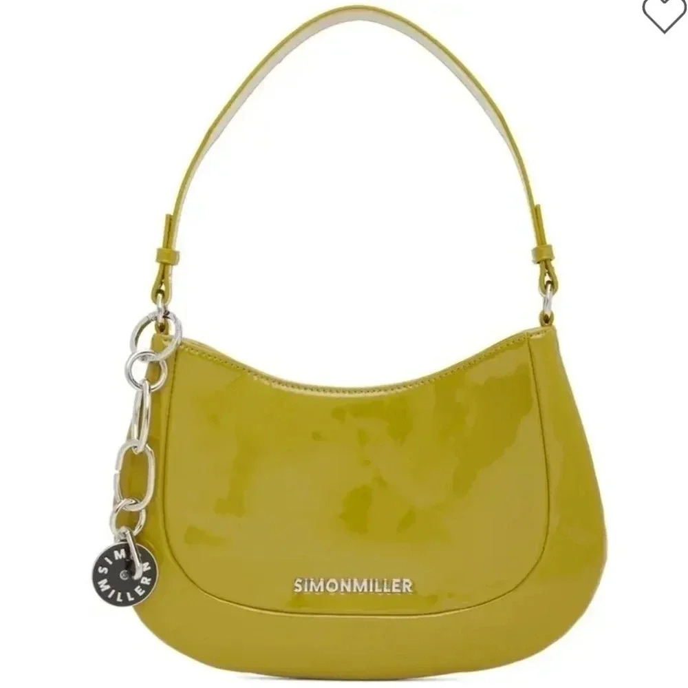 SIMON MILLER Patent Faux Leather Kiwi Green Silver Logo Sasi Bag W/out Keychain